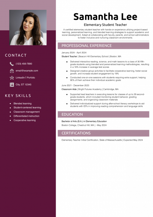 Elementary Student Teacher Resume Example
