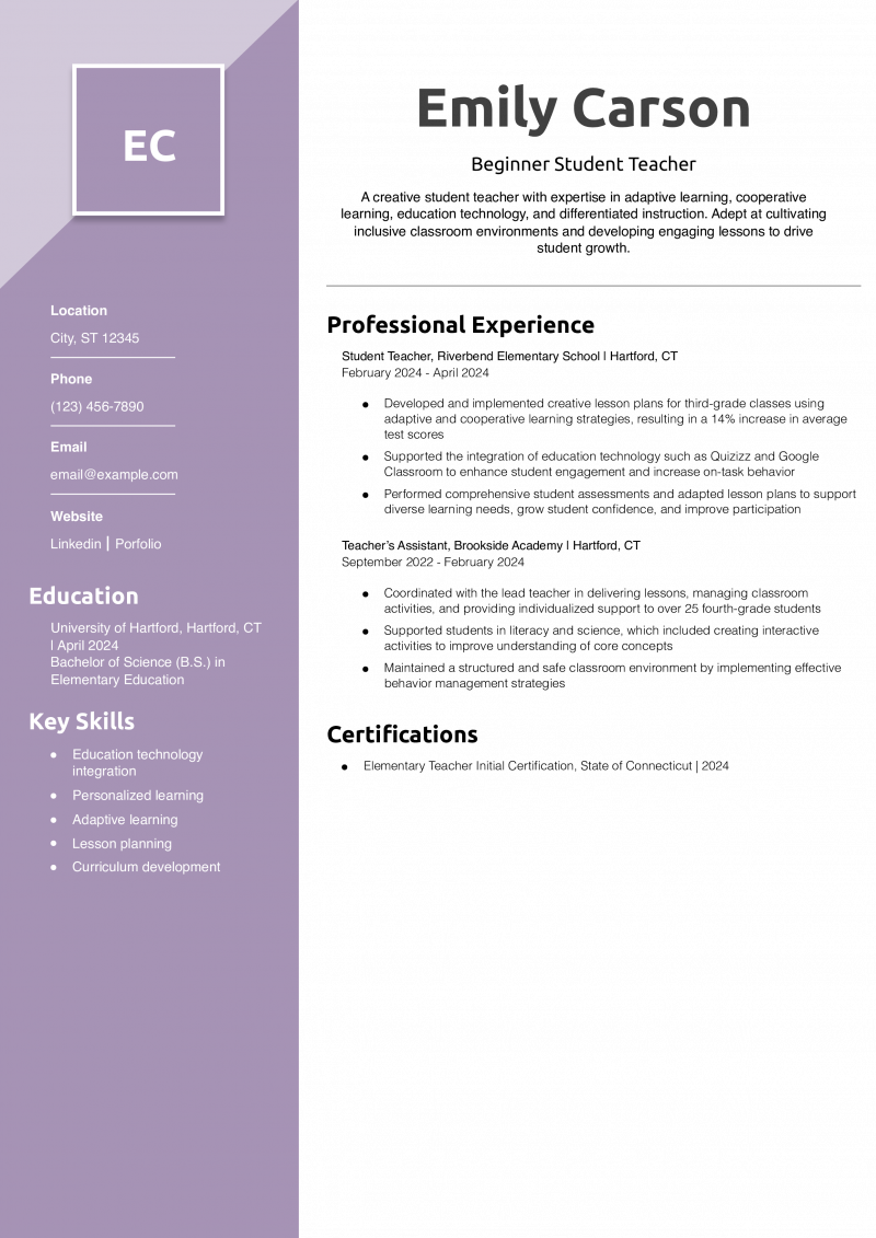 Beginner Student Teacher Resume Example