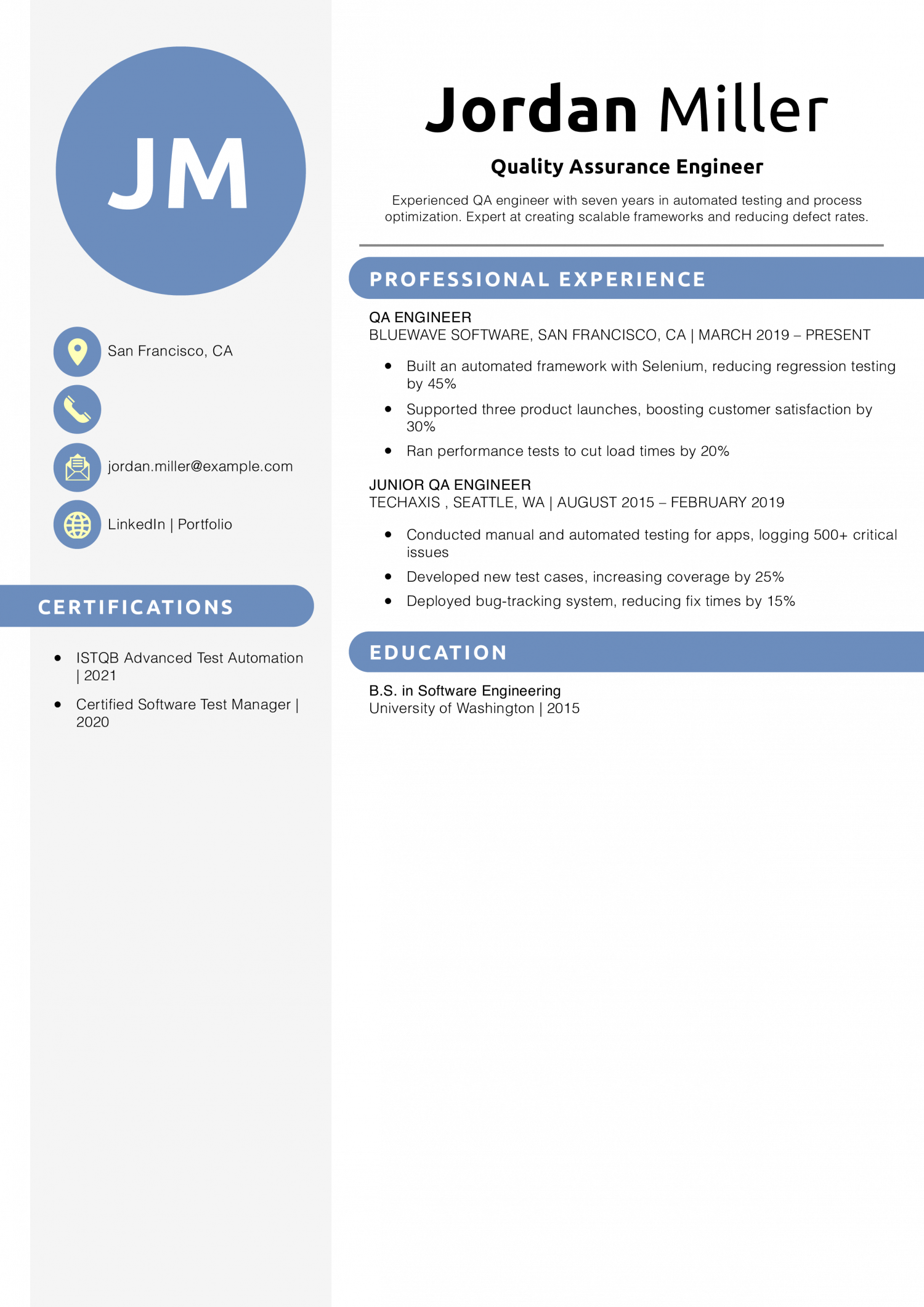 Quality Assurance Engineer Resume Example