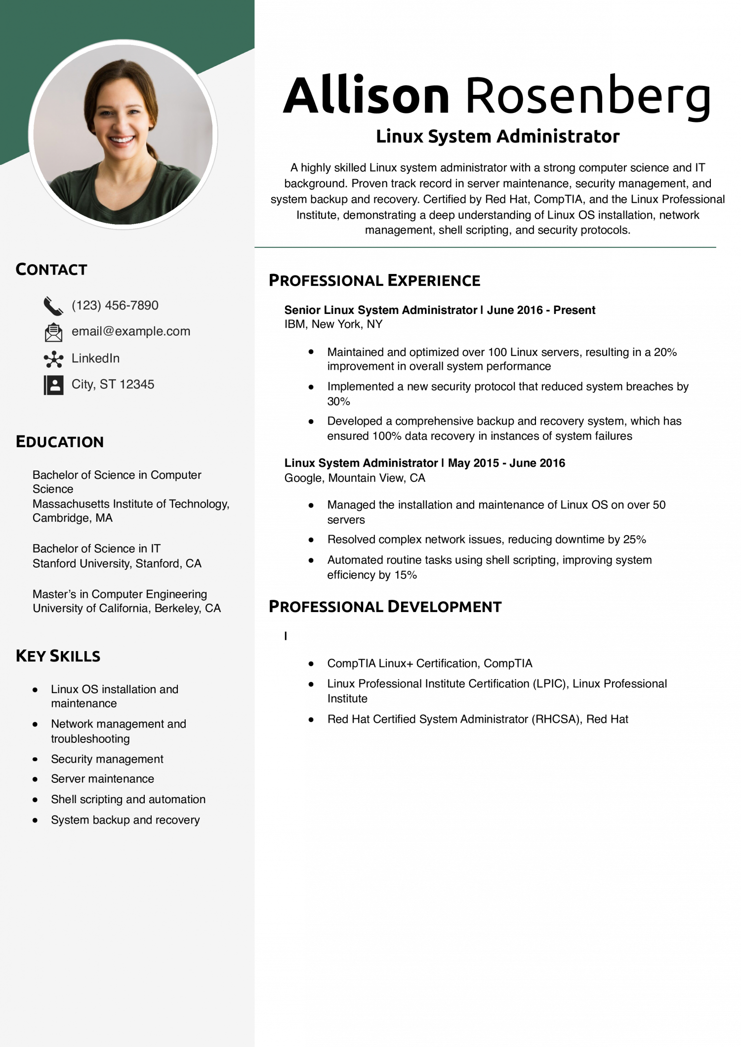 Linux System Administrator Resume Example