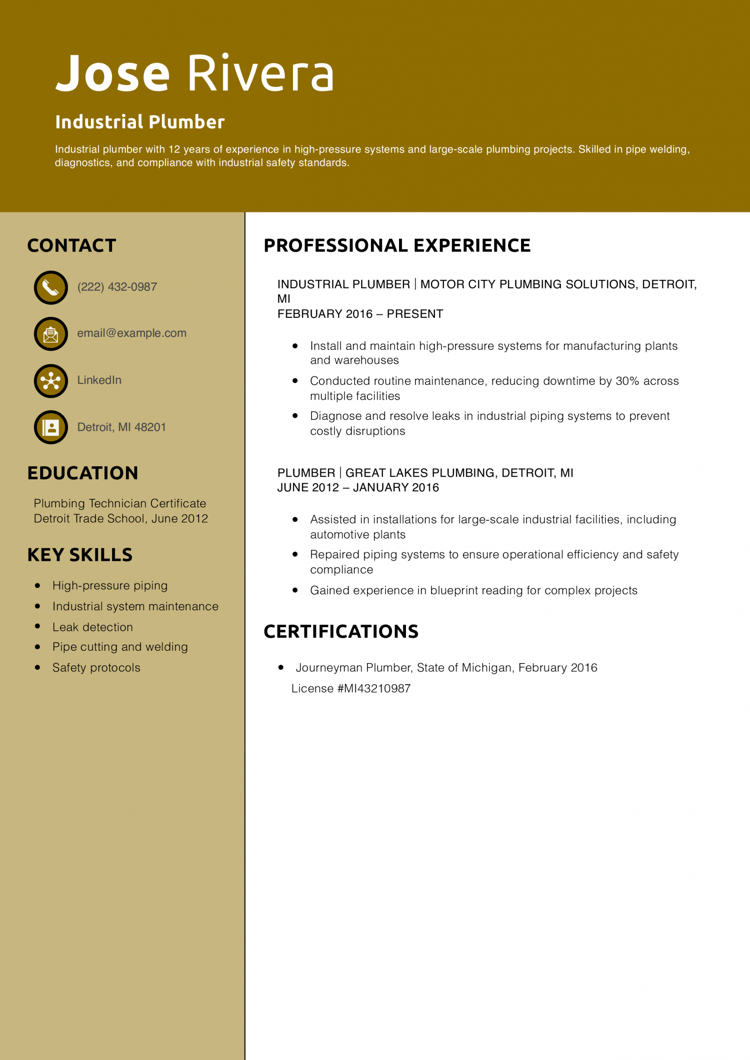 Industrial Plumber Resume Example