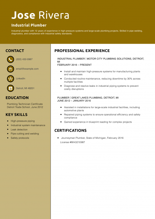 Industrial Plumber Resume Example