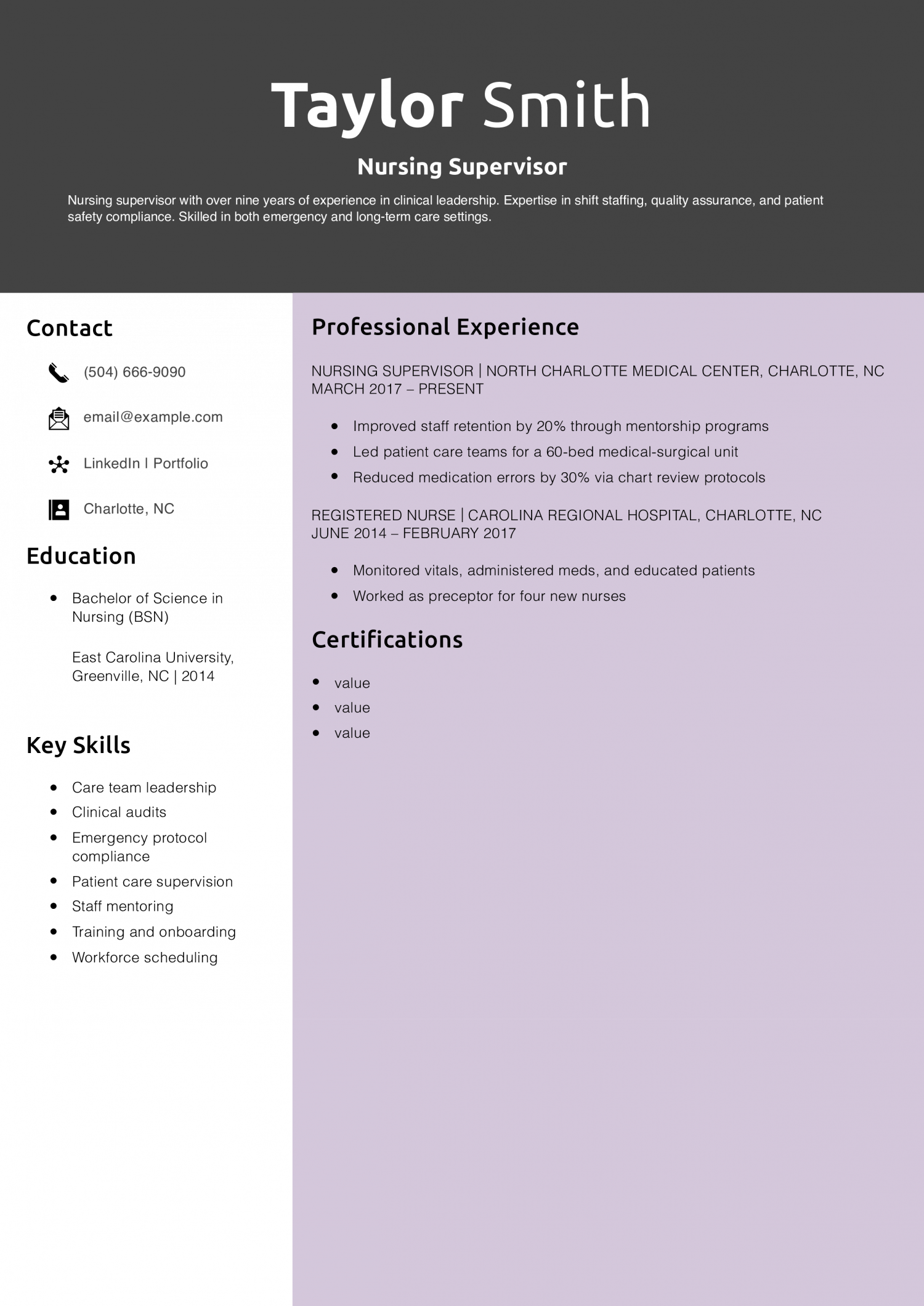 Nursing Supervisor Resume Example