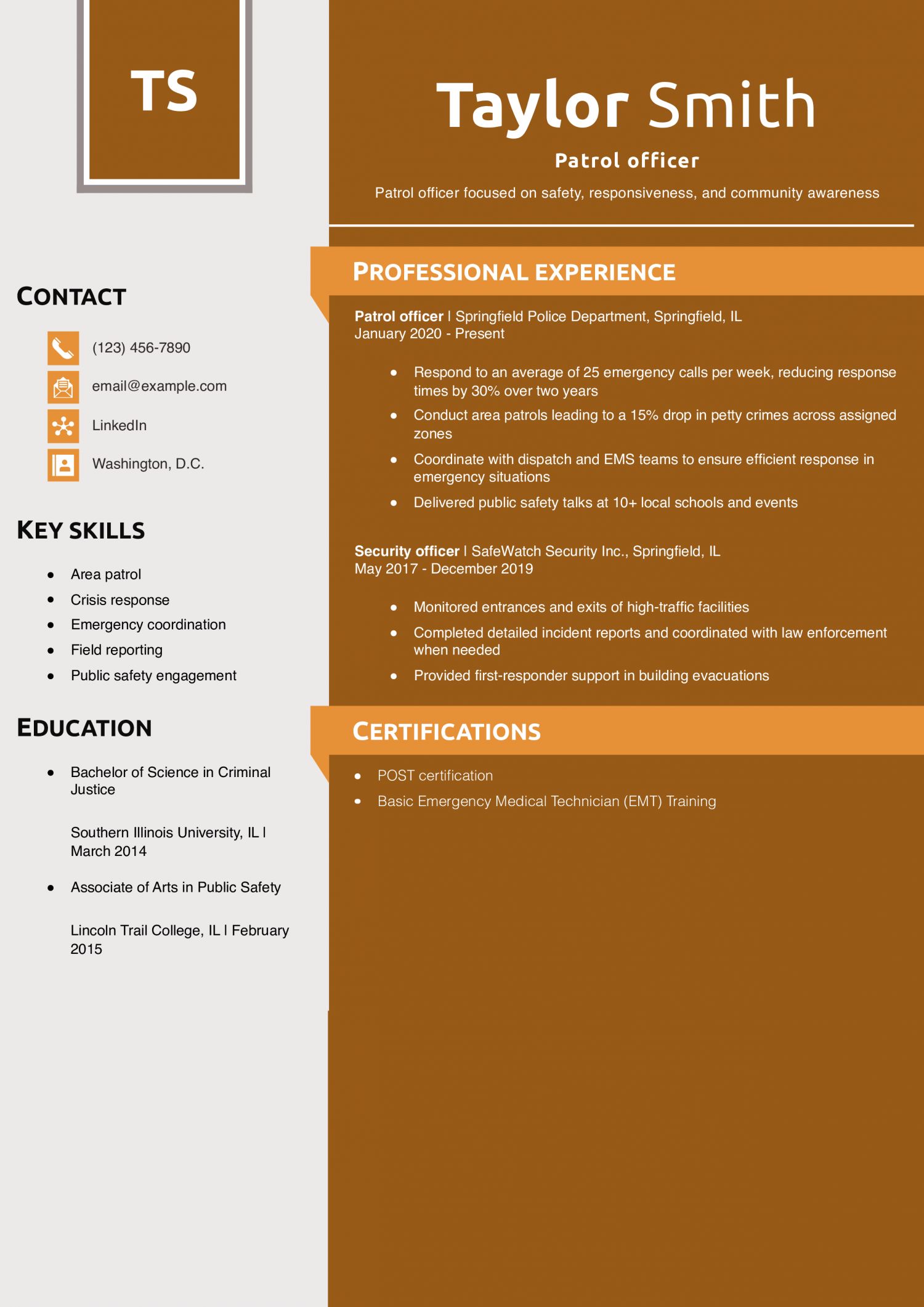 Patrol officer resume example
