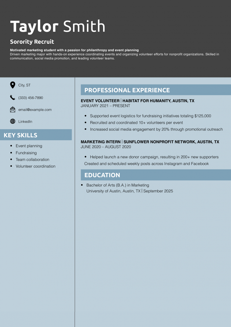 Sorority Recruit Resume Example