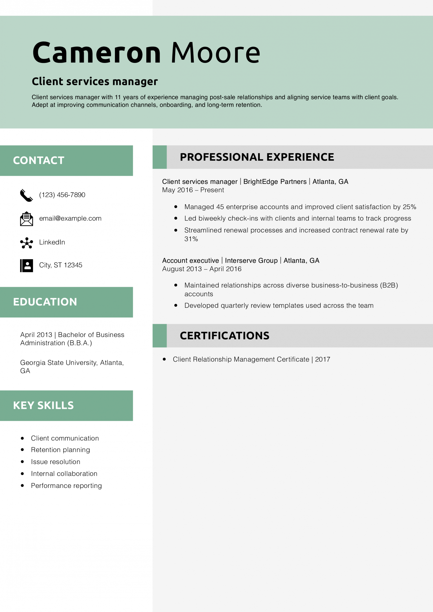 Client services manager resume example