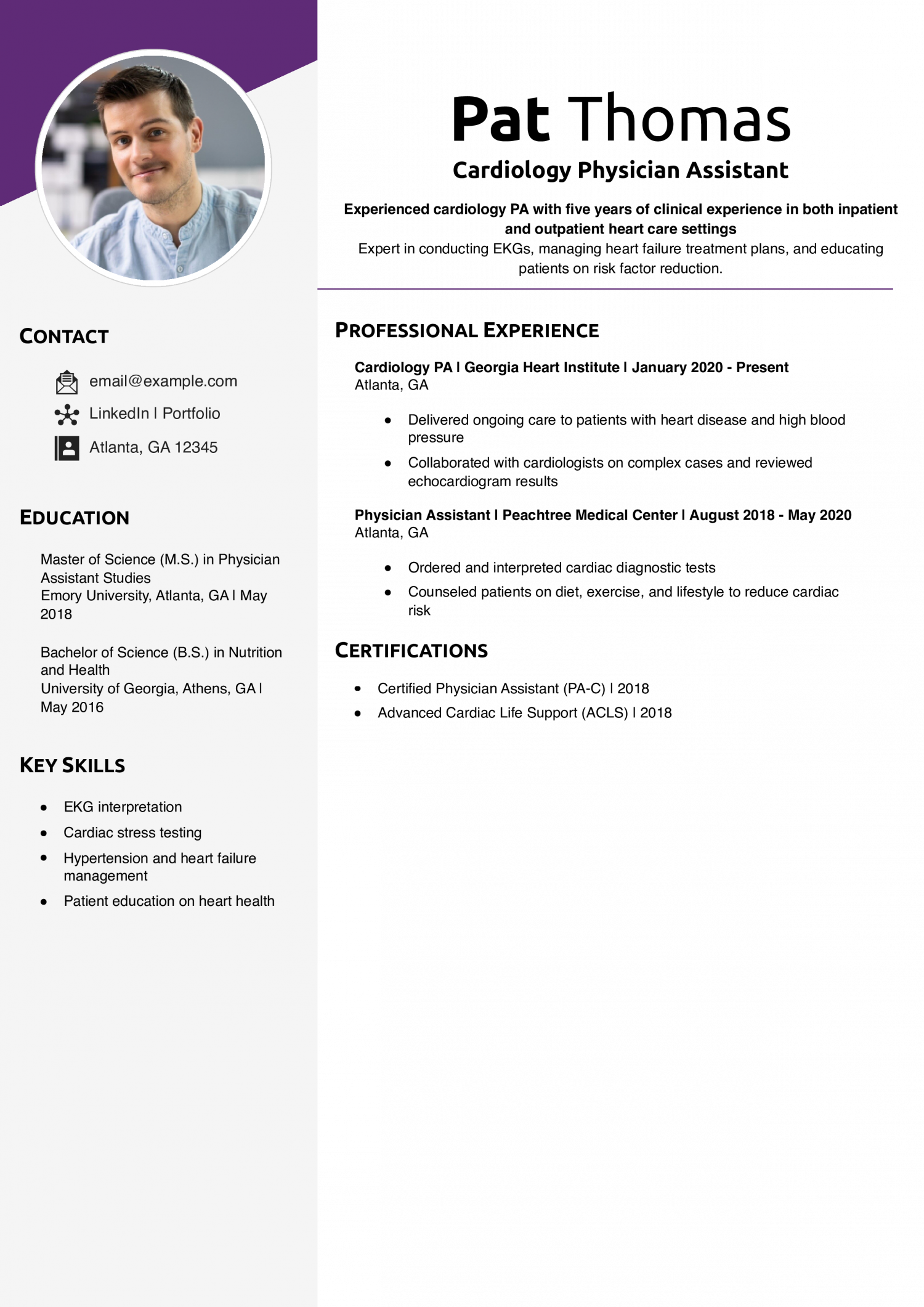 Cardiology Physician Assistant Resume Example