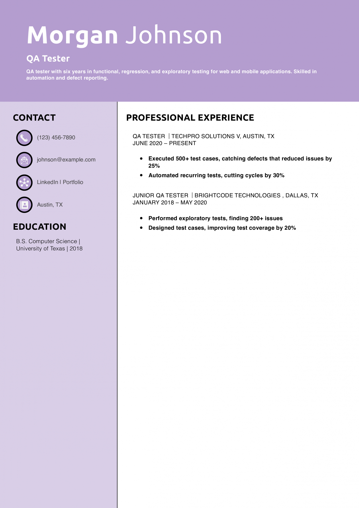 QA Tester Resume Example 