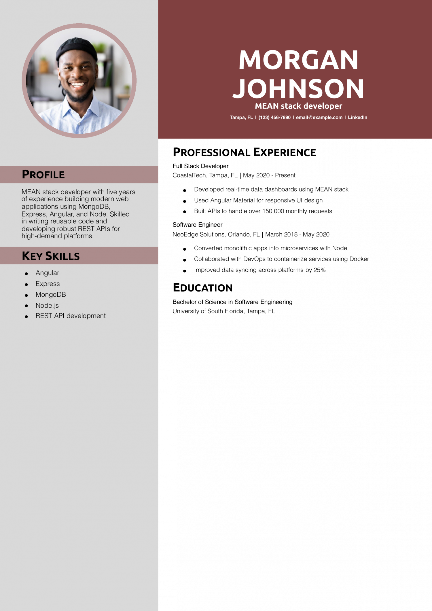 MEAN stack developer resume example