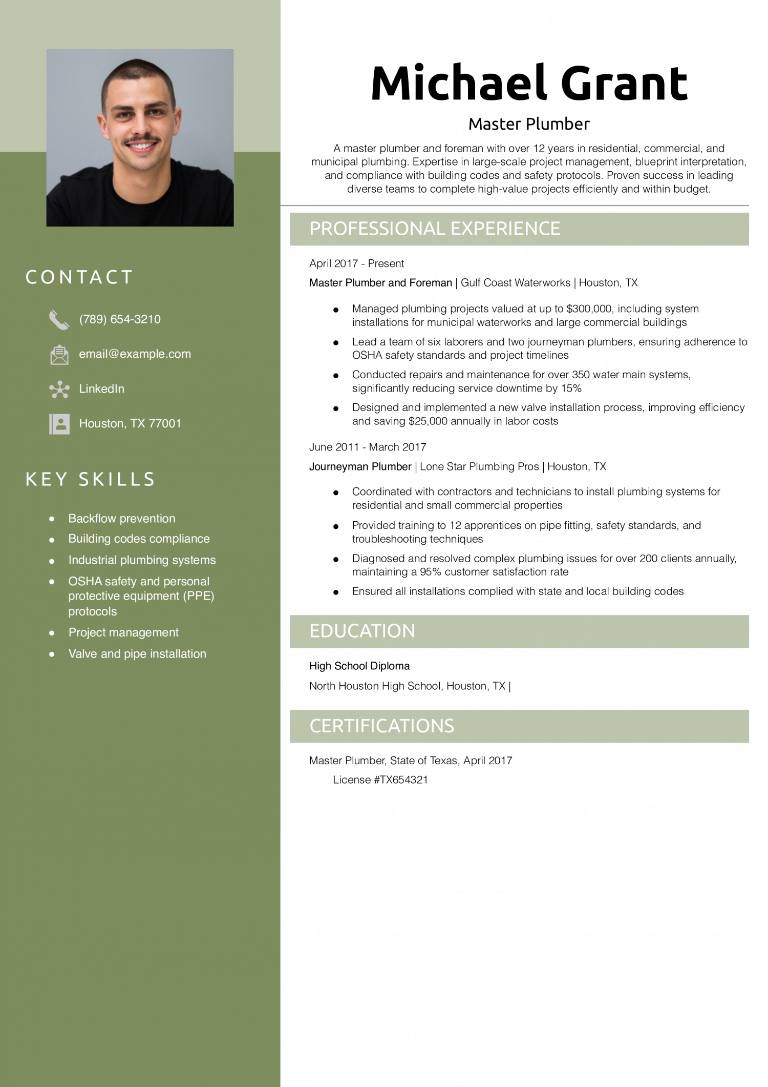 Master Plumber Resume Example