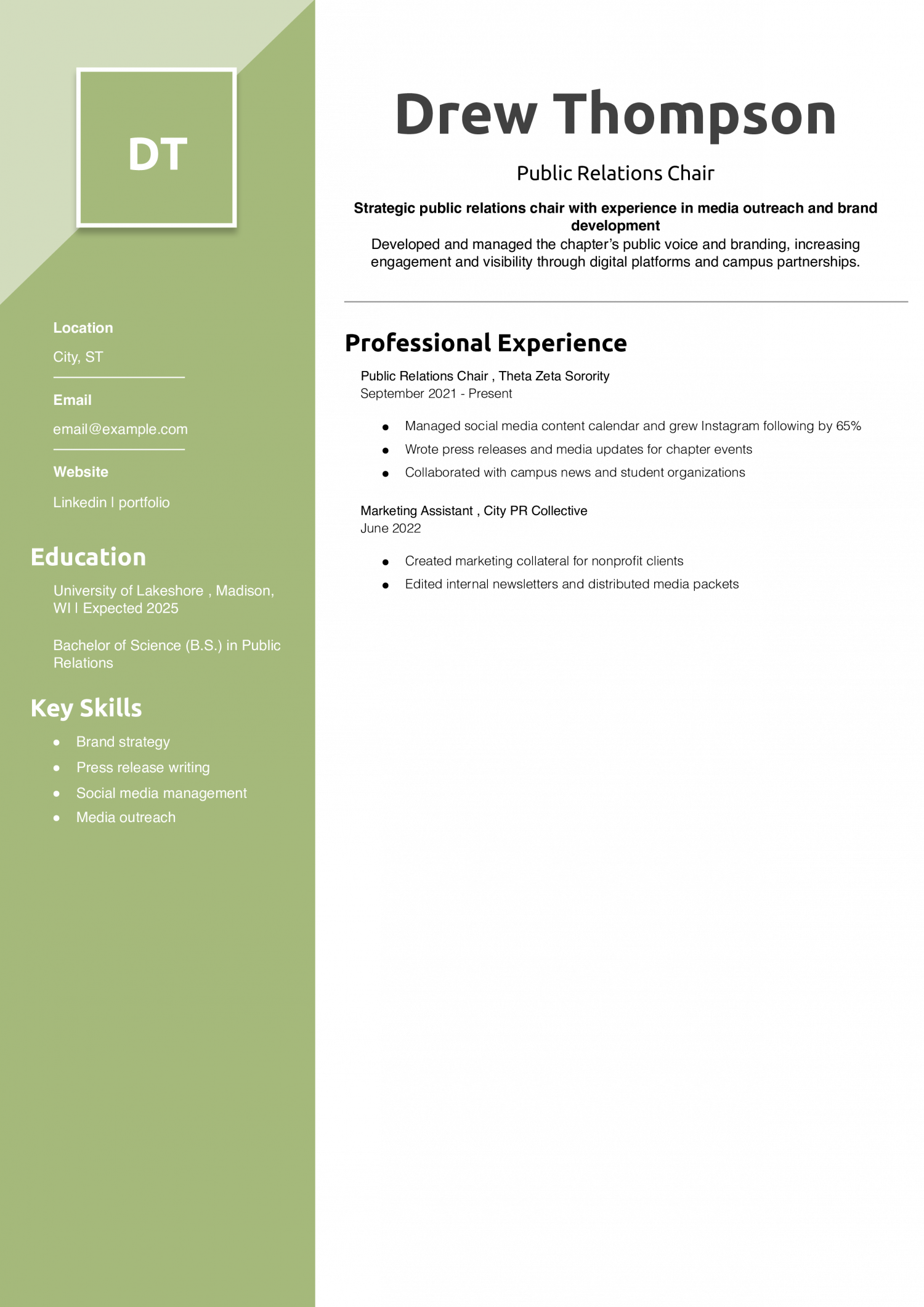 Public Relations Chair  Resume Example 