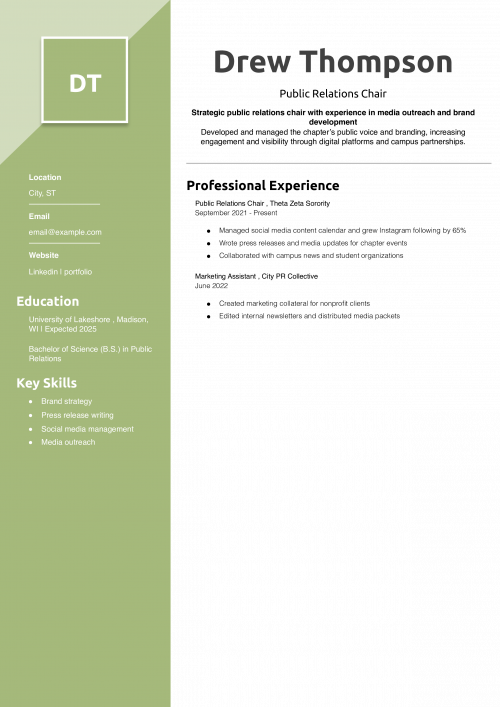 Public Relations Chair  Resume Example 