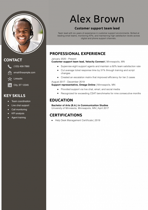 Customer support team lead resume example
