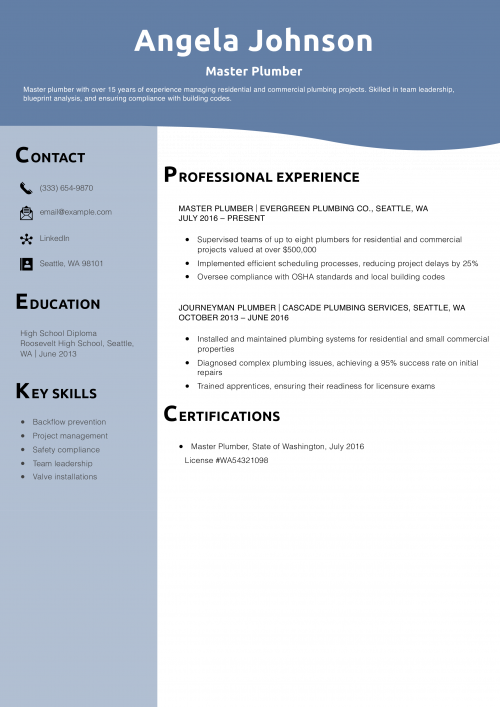 Master Plumber Resume Example