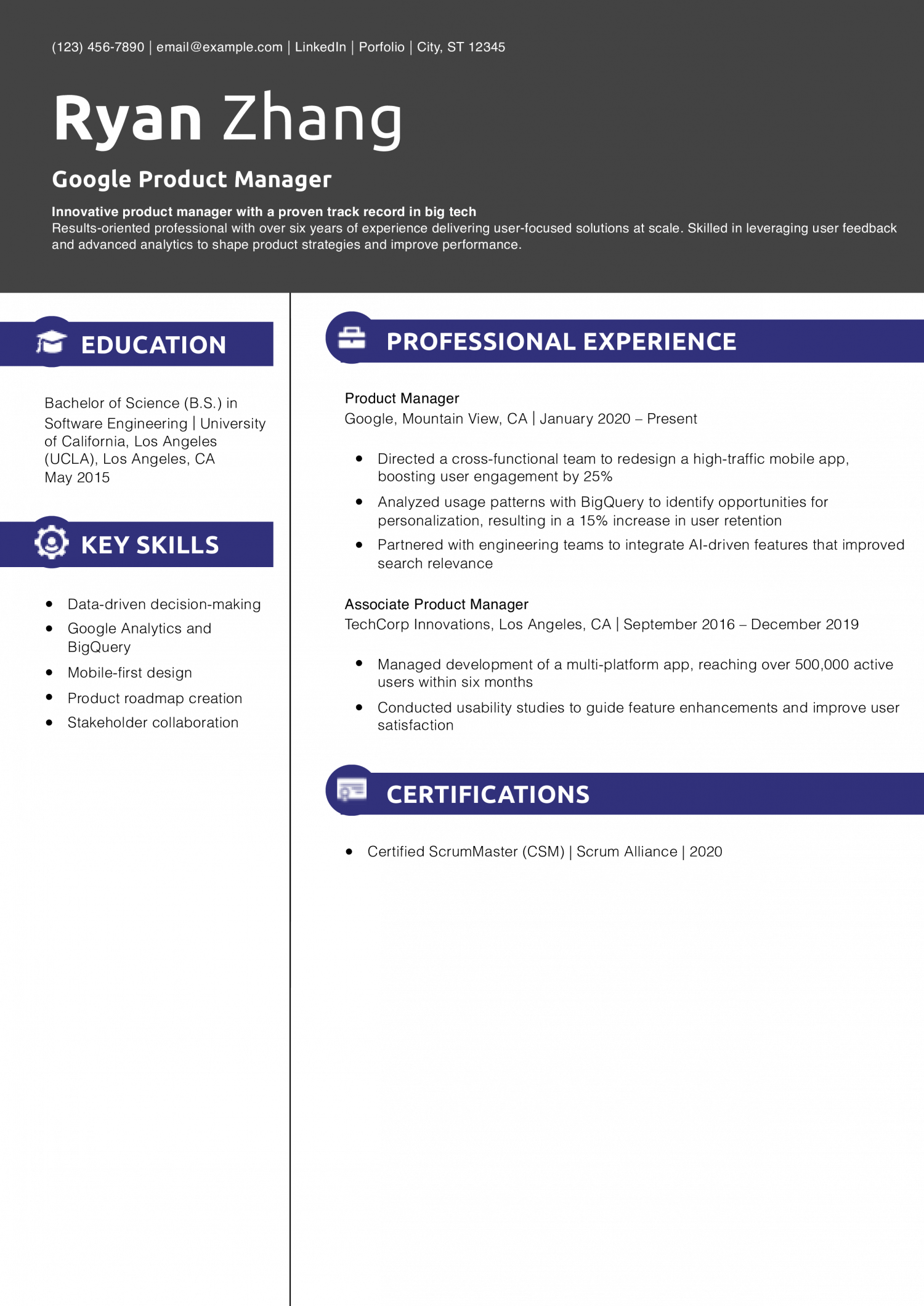 Google Product Manager Resume Example
