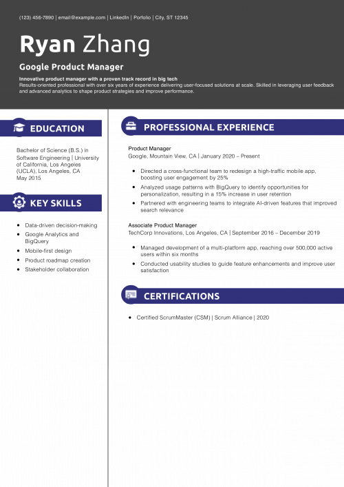 Google Product Manager Resume Example