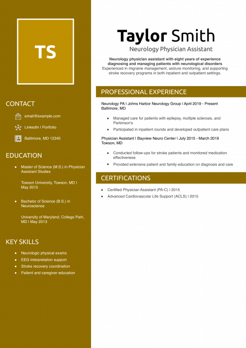 Neurology Physician Assistant Resume Example