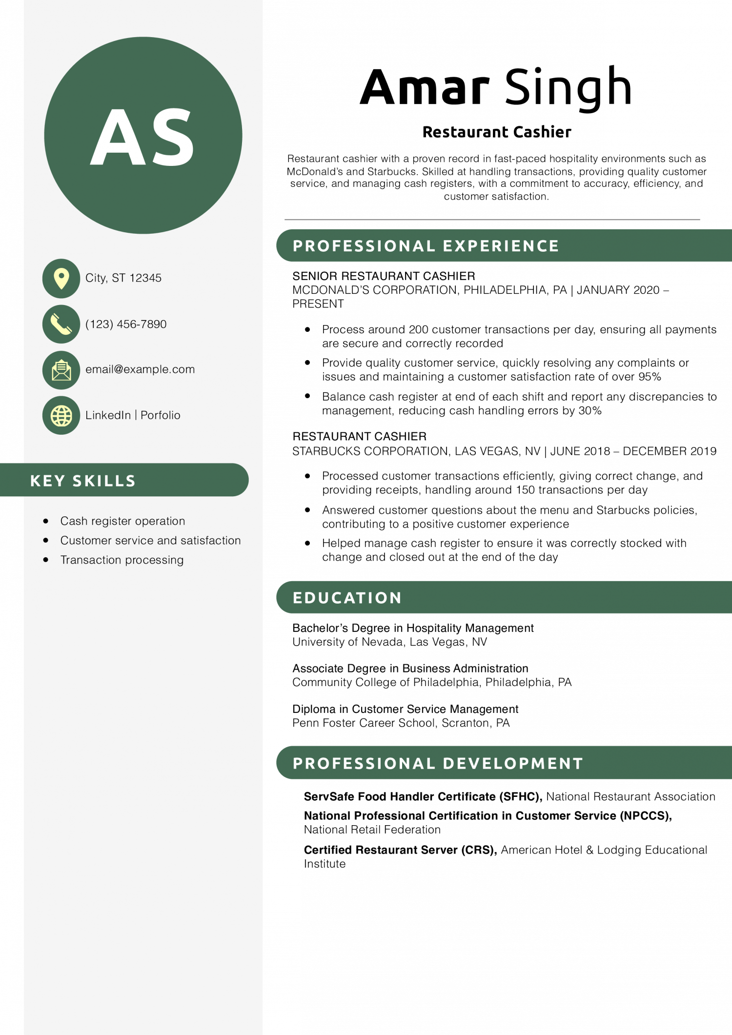 Restaurant Cashier Resume Example