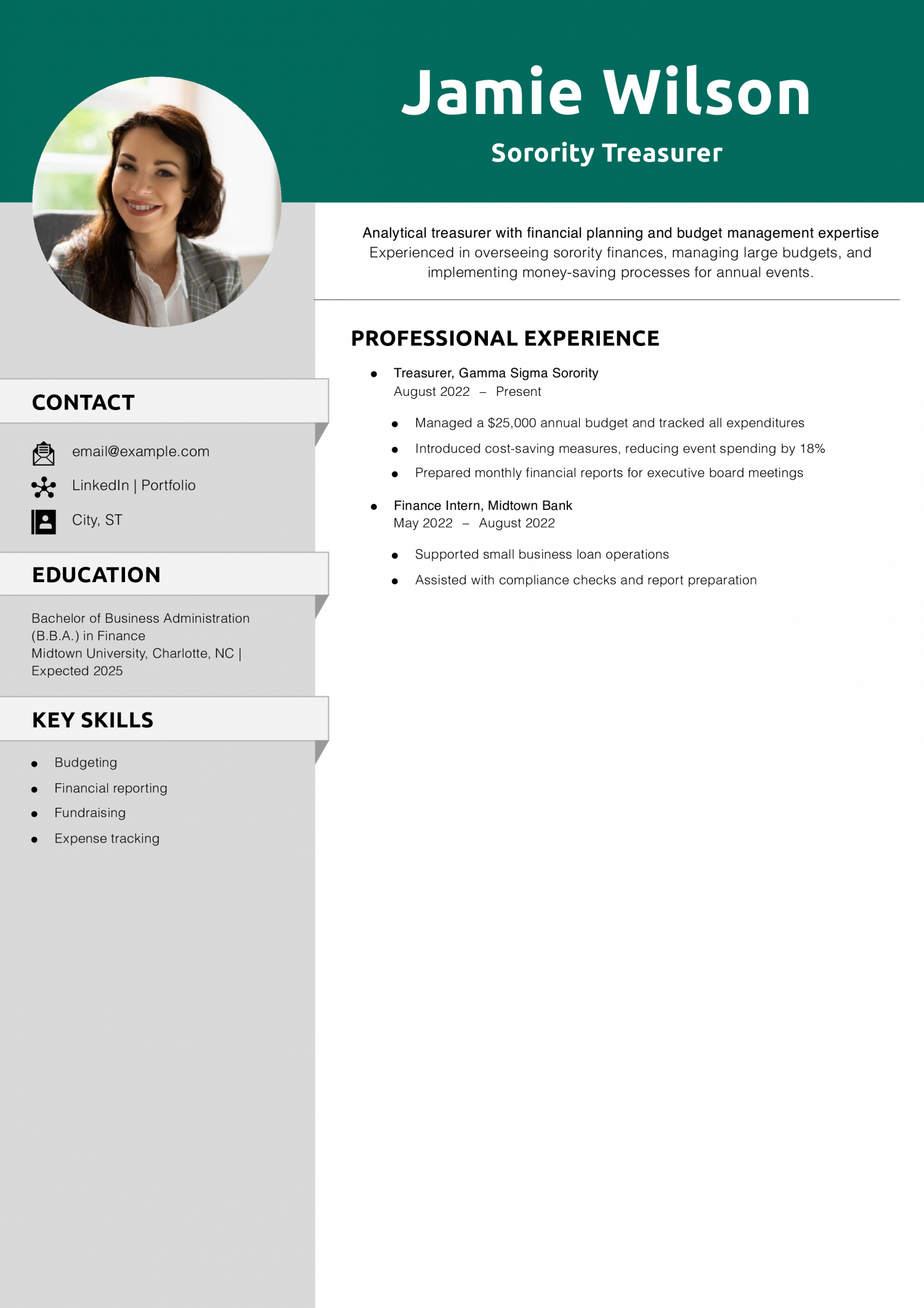 Sorority Treasurer Resume Example 