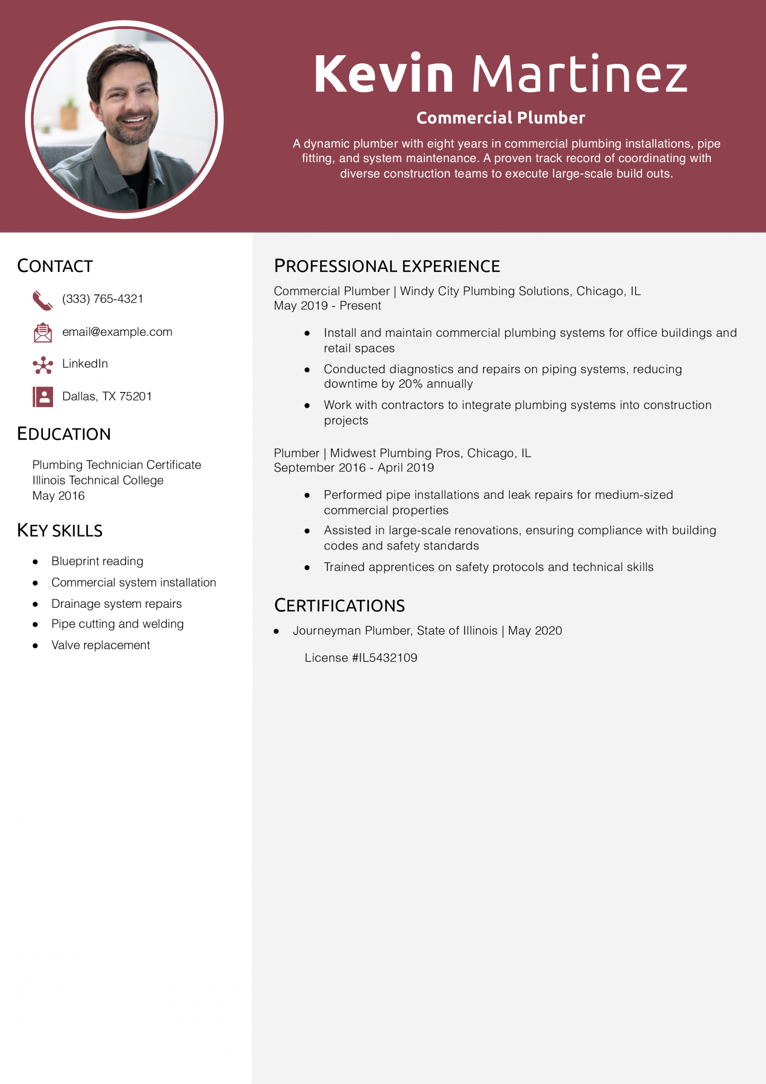 Commercial Plumber Resume Example