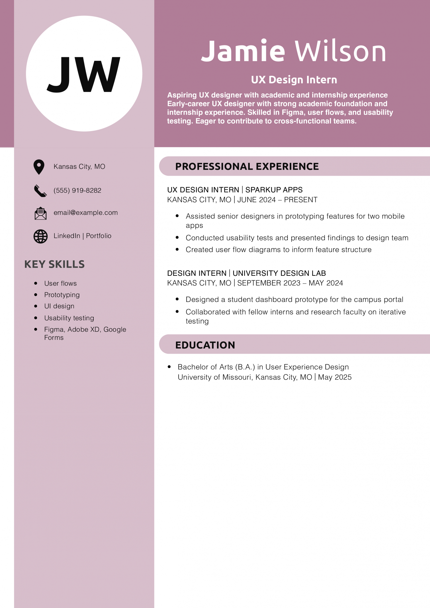 UX Design Intern Resume Example