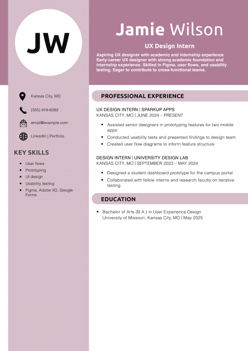 UX Design Intern Resume Example