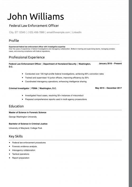 Federal Law Enforcement Officer Resume Example