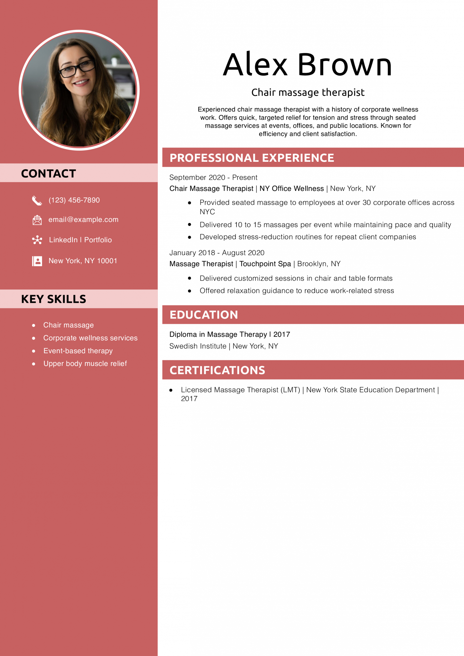 Chair massage therapist resume