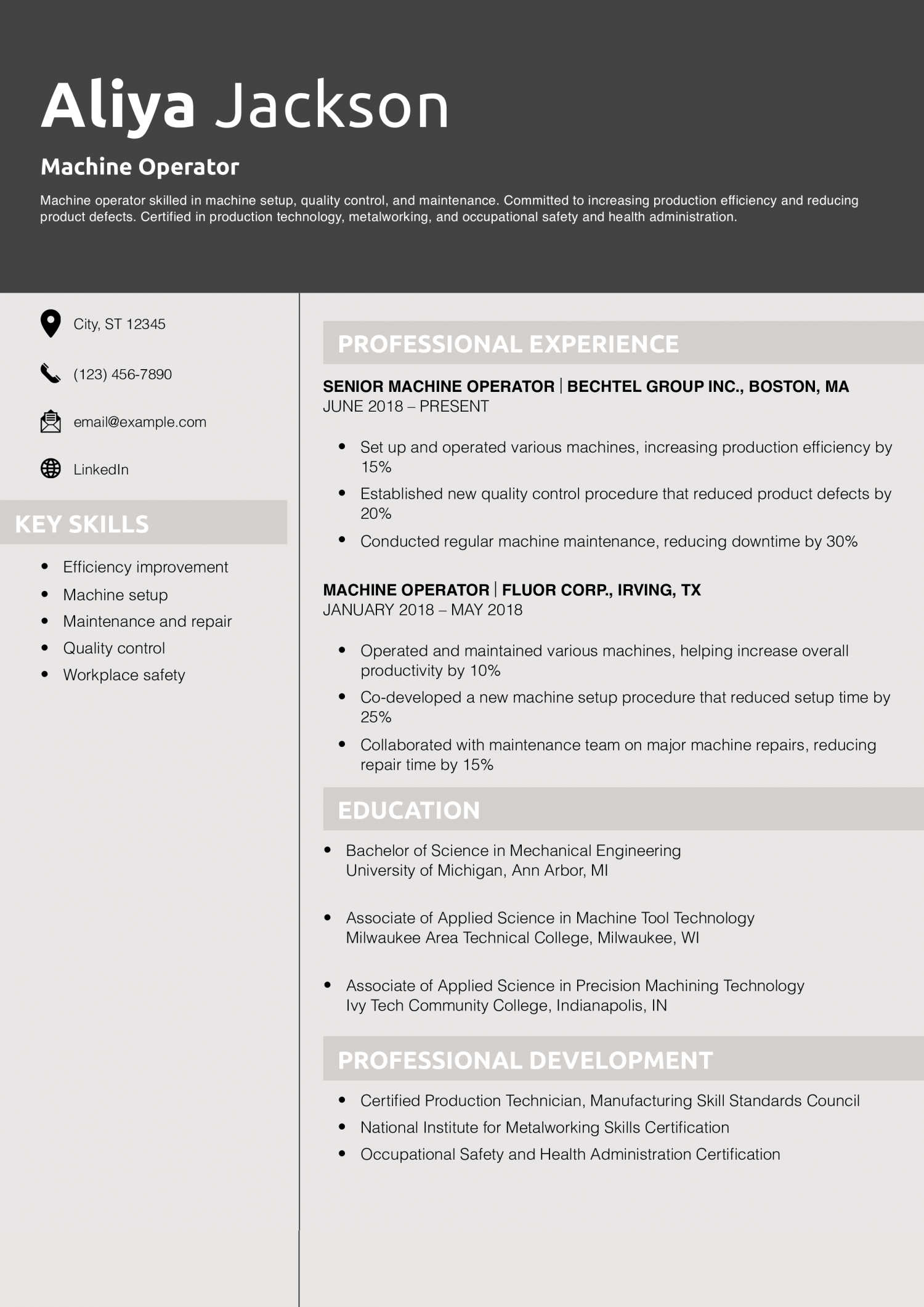 Machine Operator Resume Example