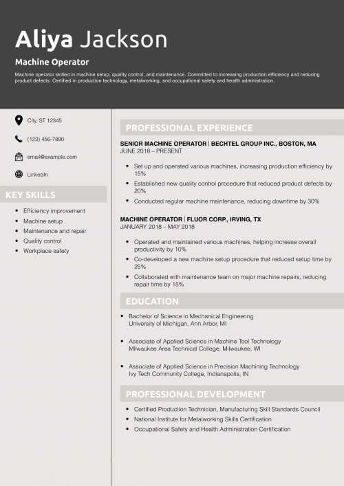 Machine Operator Resume Example