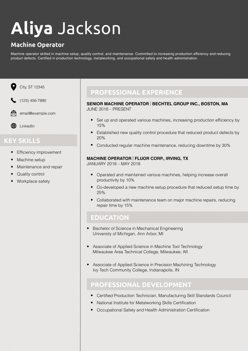 Machine Operator Resume Example