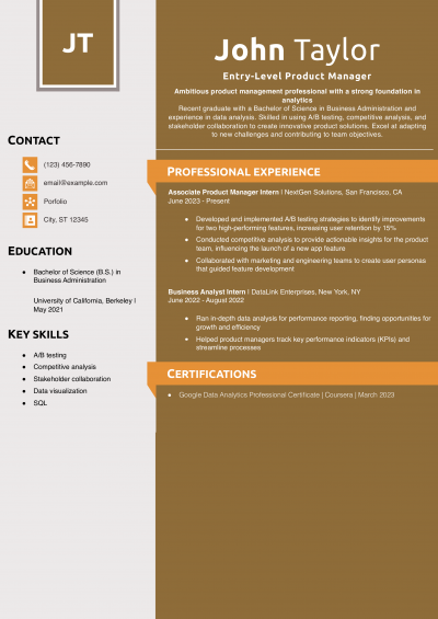 Entry-Level Product Manager Resume Example