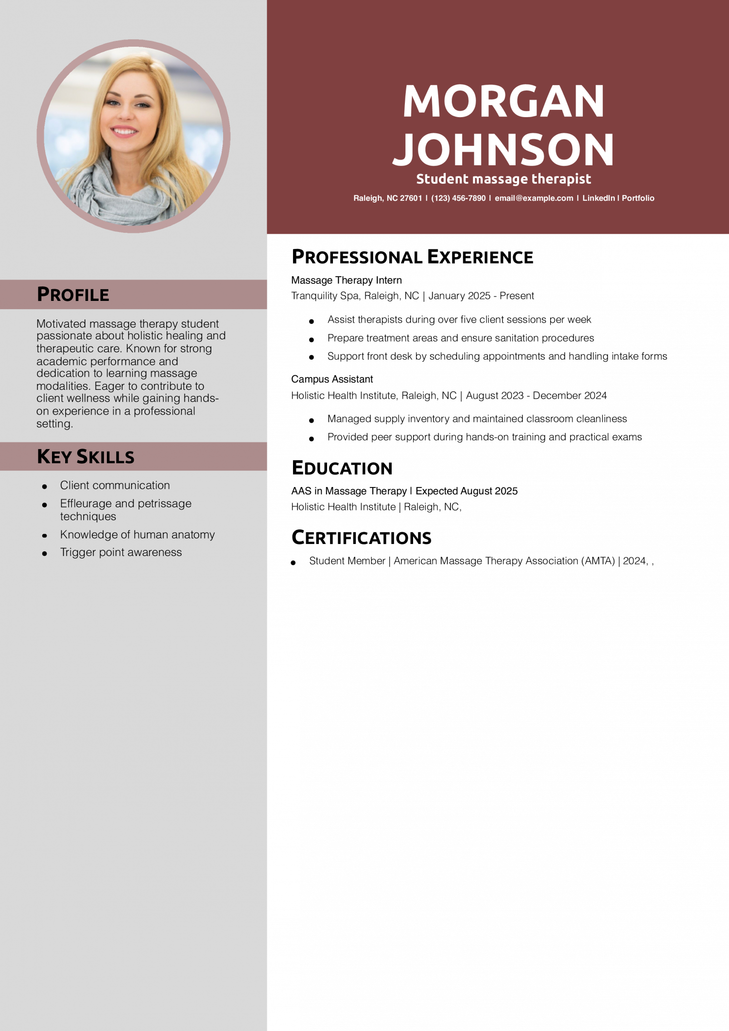 Student massage therapist resume