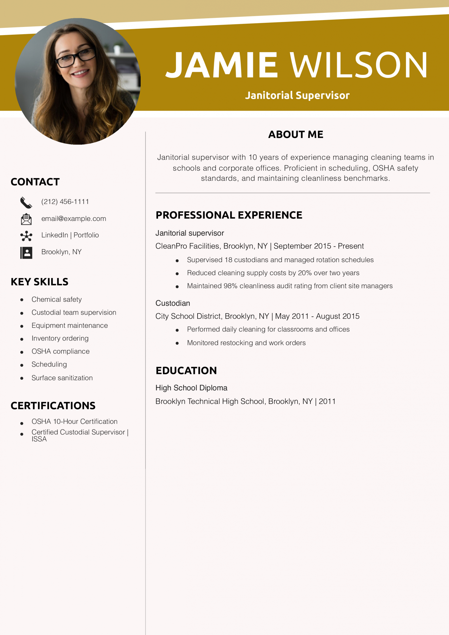Janitorial Supervisor Resume Example
