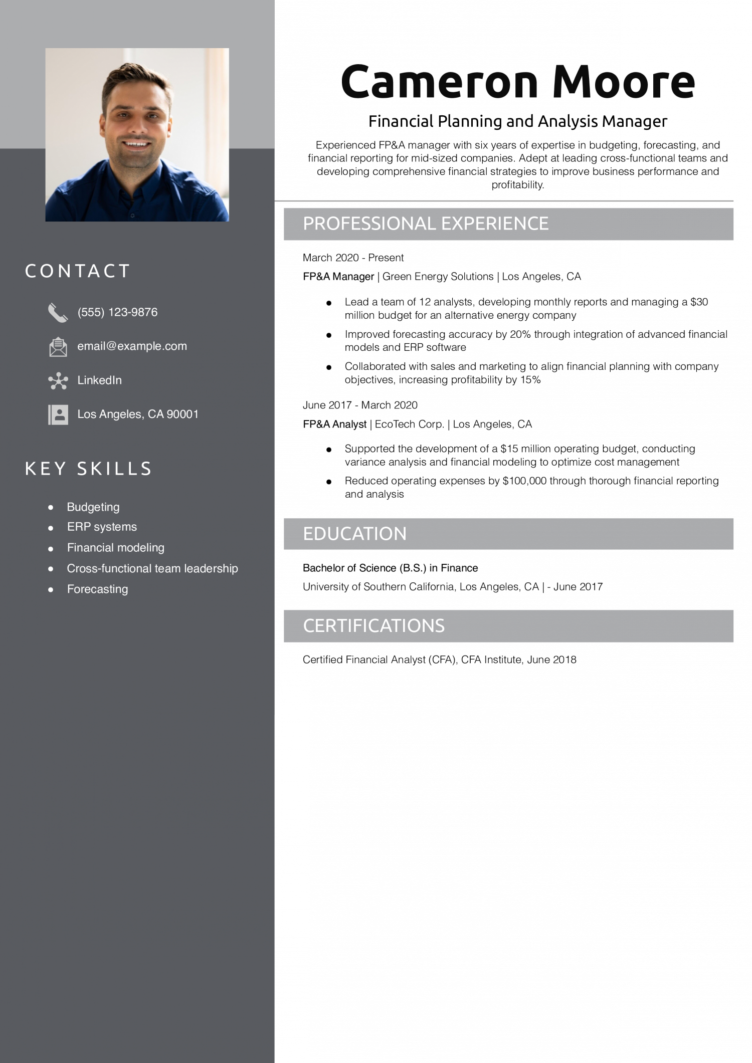 Financial Planning and Analysis Manager Resume Example