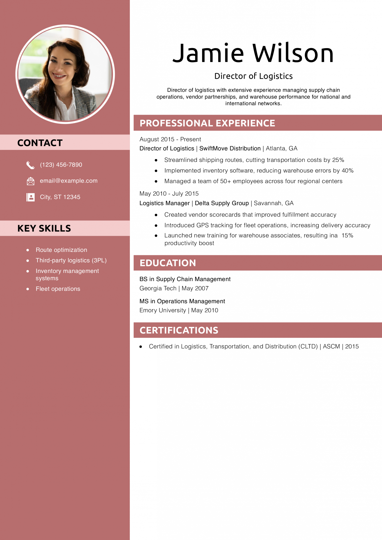 Director of Logistics Resume Example