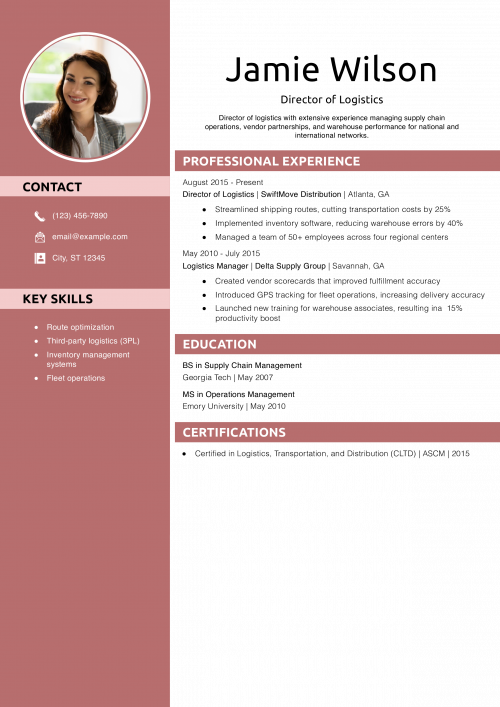 Director of Logistics Resume Example