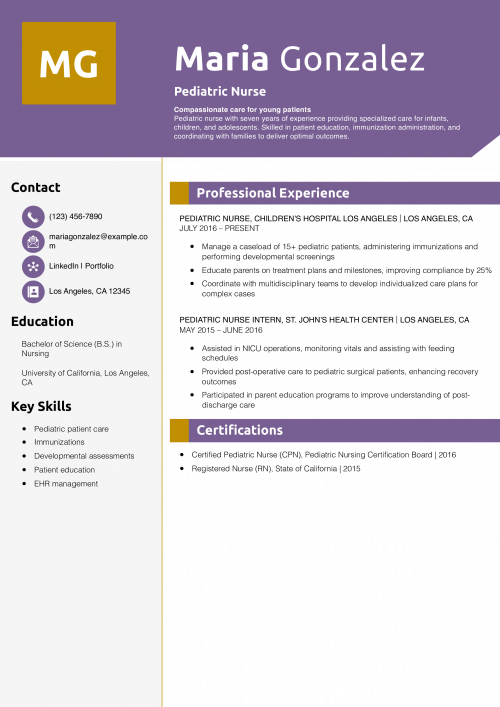 Pediatric Nurse Resume Example
