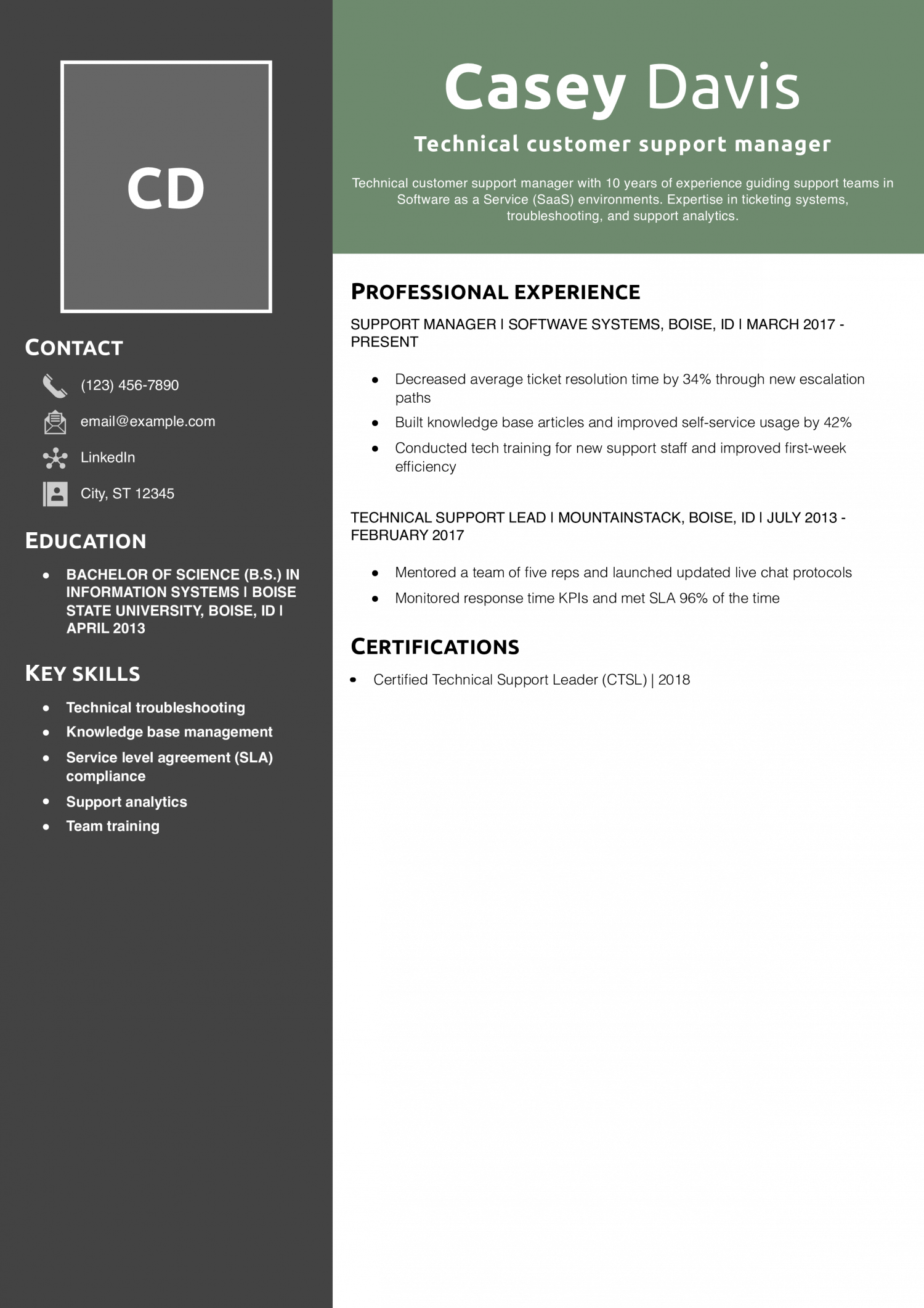 Technical customer support manager resume example