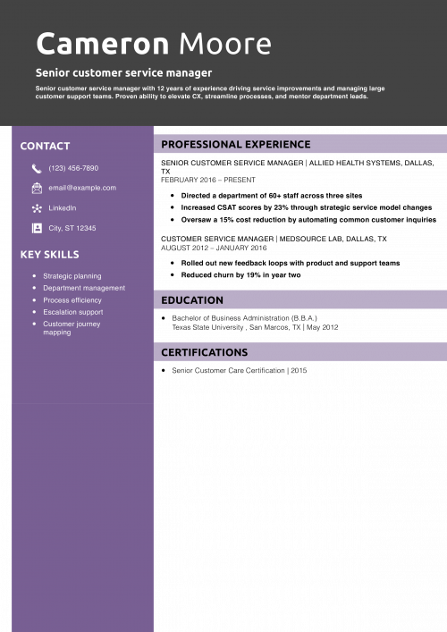 Senior customer service manager resume example