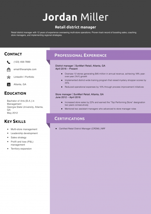 Retail district manager resume example