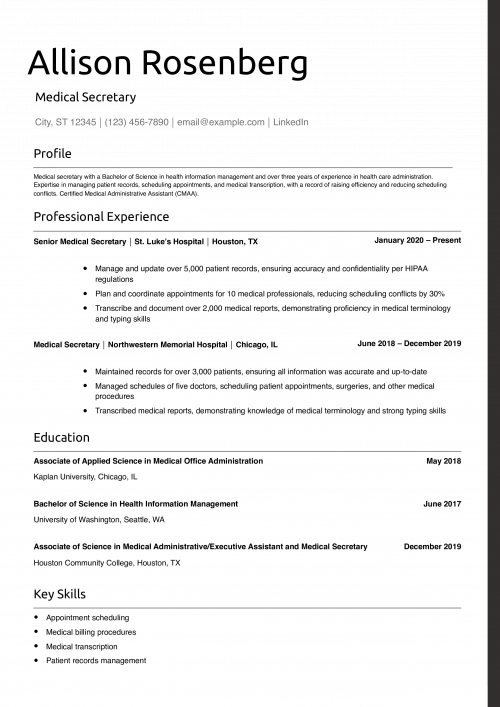 Medical Secretary Resume Example