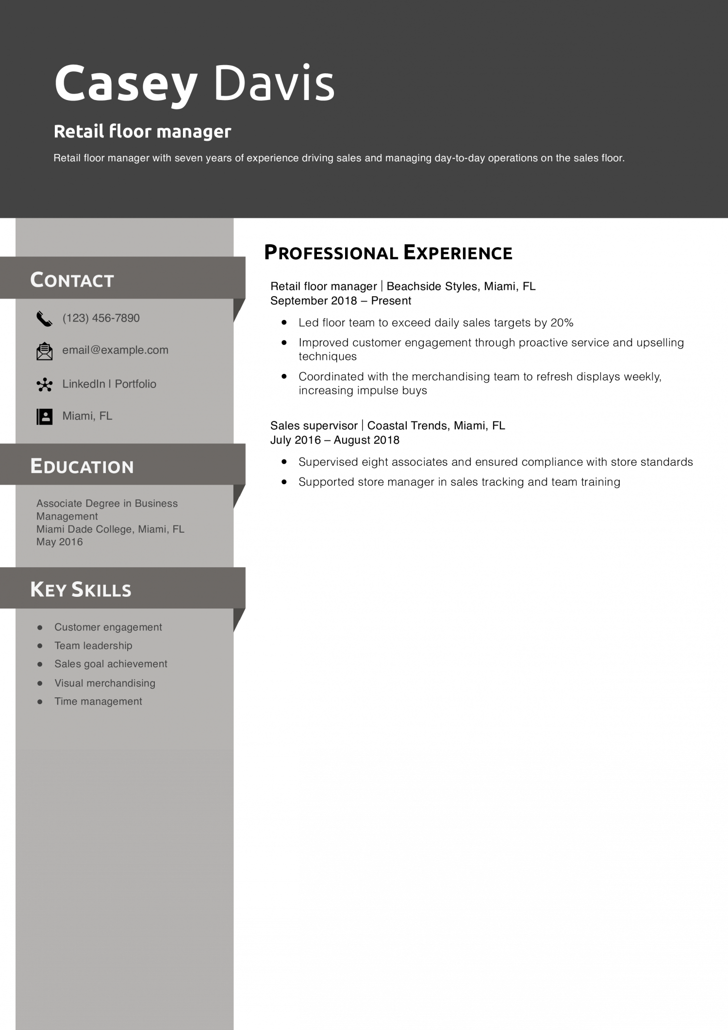 Retail floor manager resume example