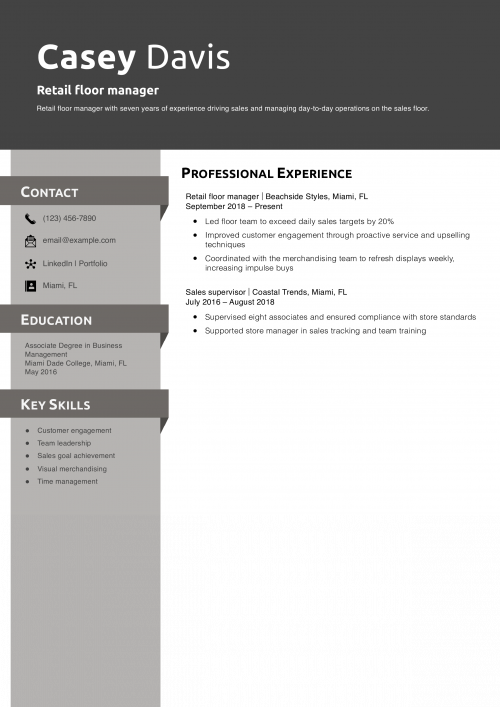 Retail floor manager resume example