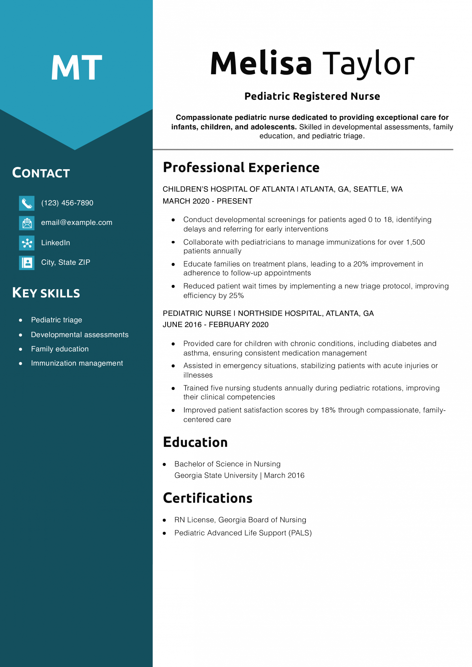 Pediatric Registered Nurse Resume Example