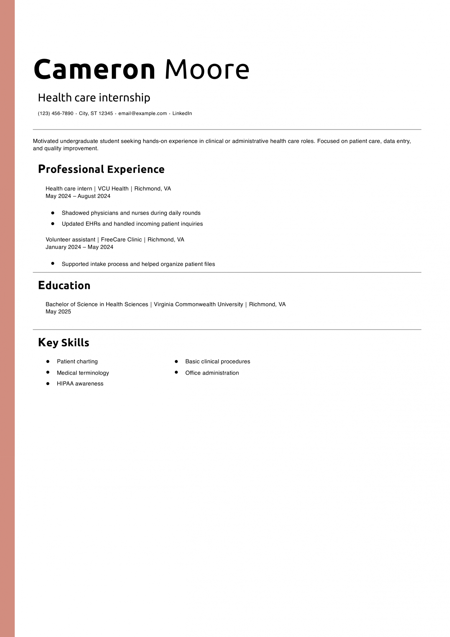 Health care internship resume example