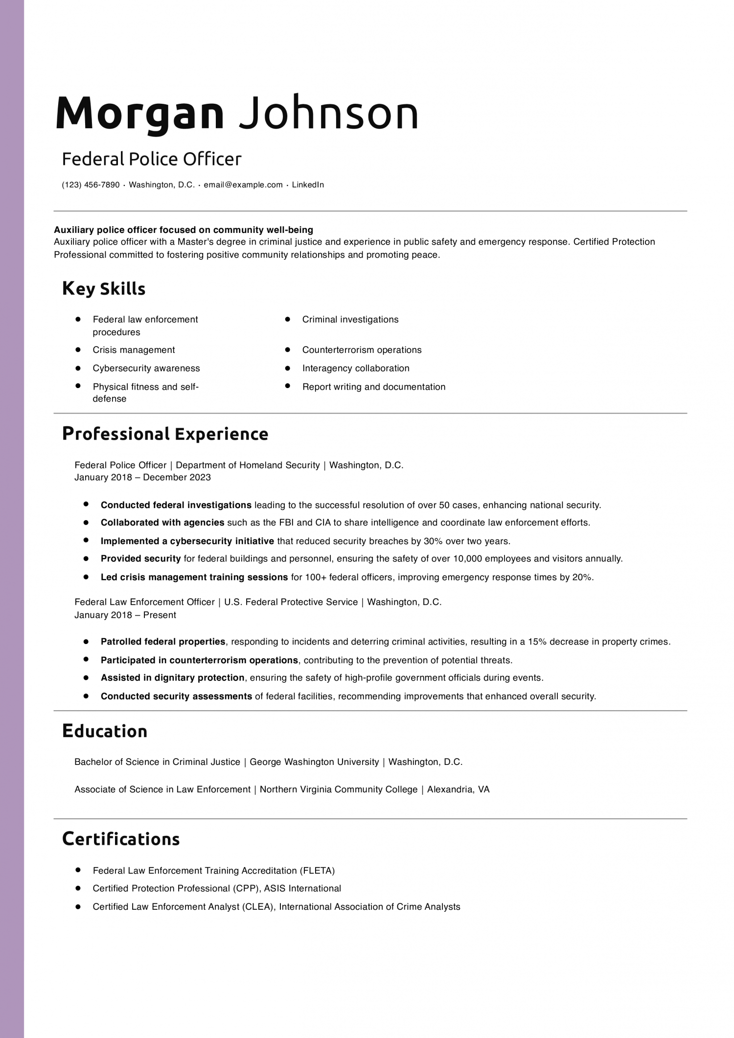 Federal Police Officer Resume Example