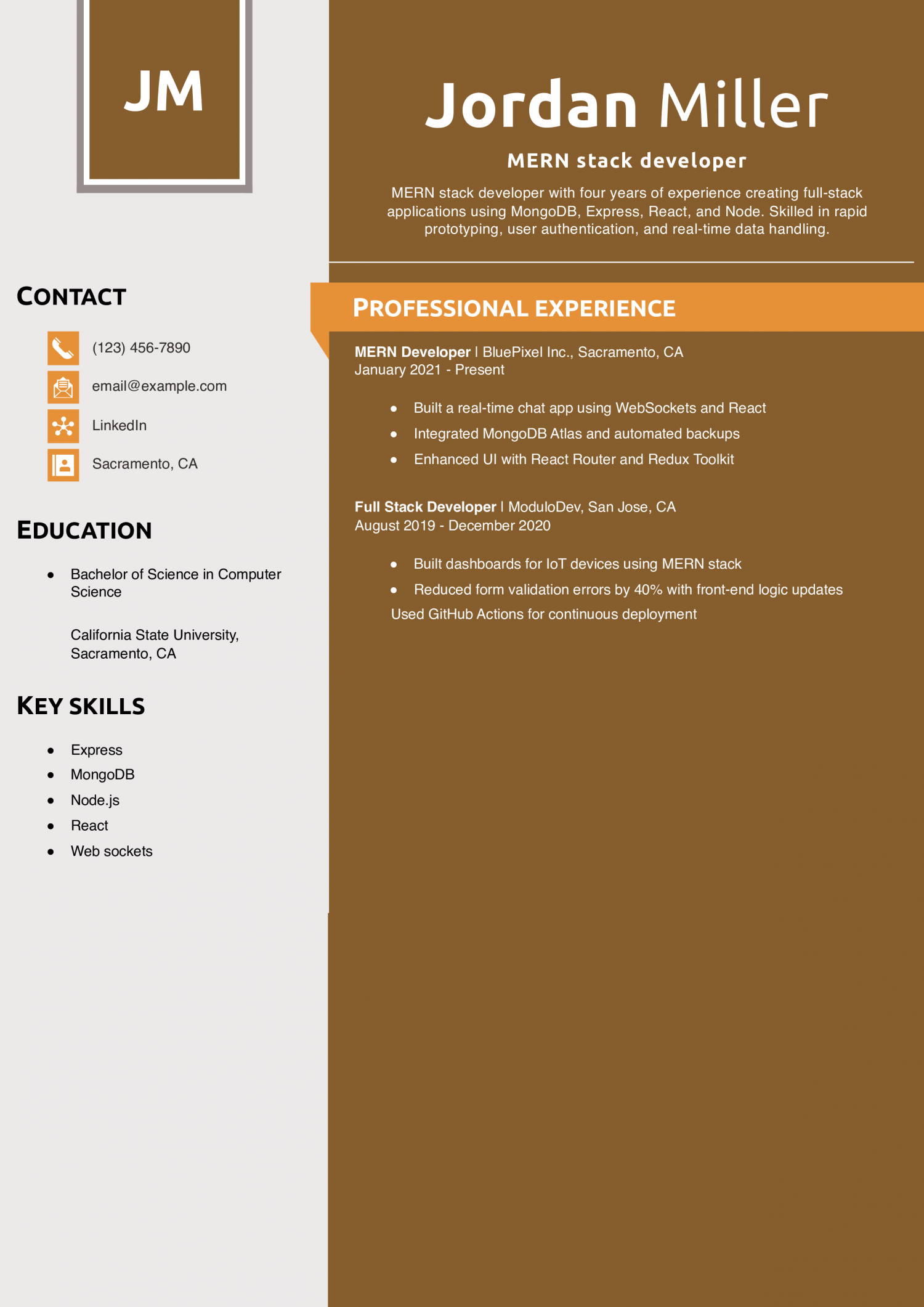 MERN stack developer resume example