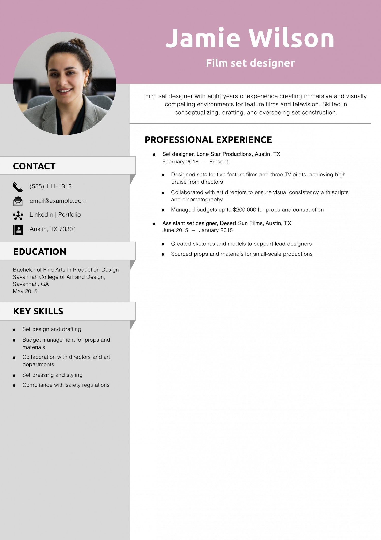 Film set designer resume example