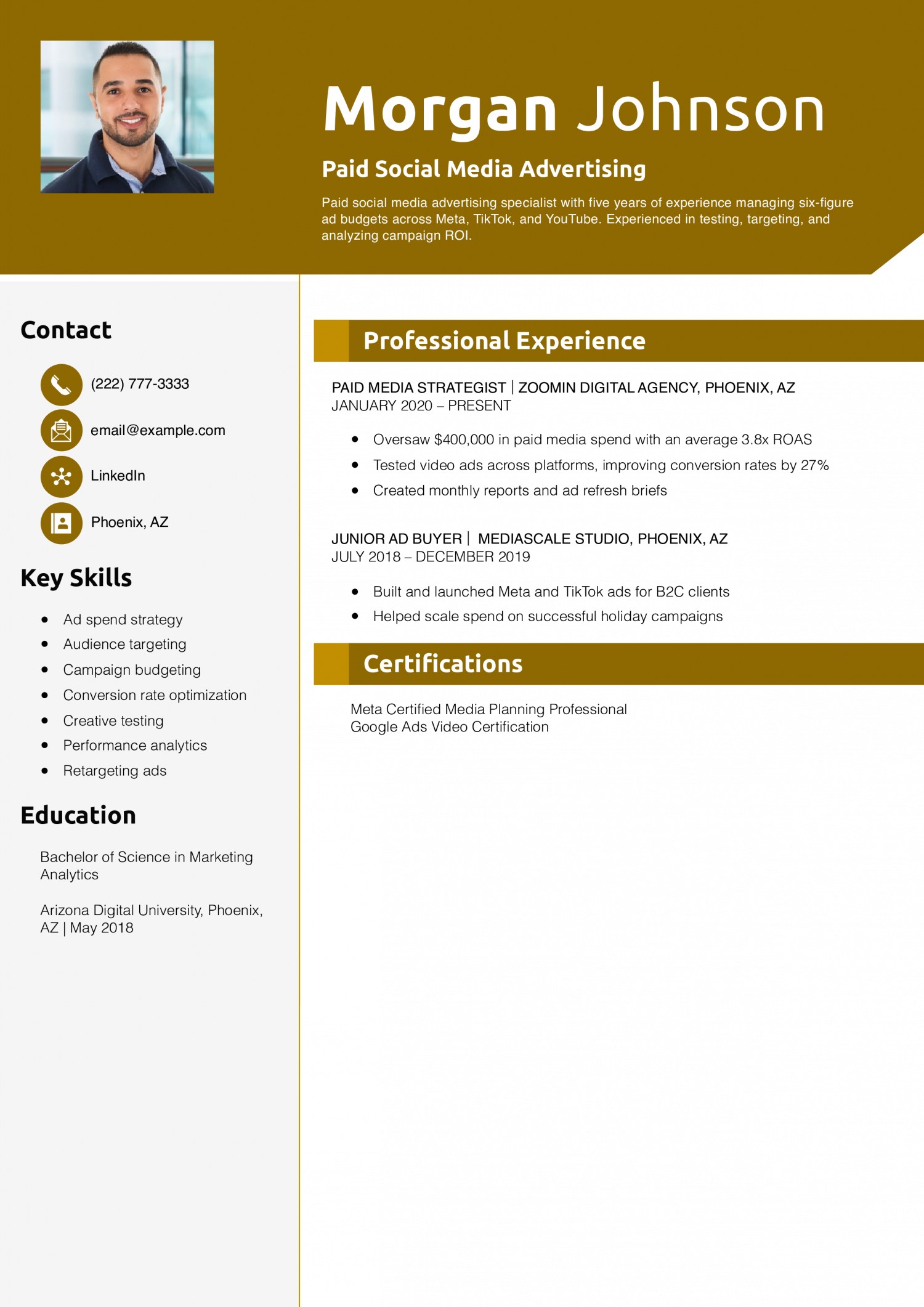 Paid Social Media Advertising Resume Example